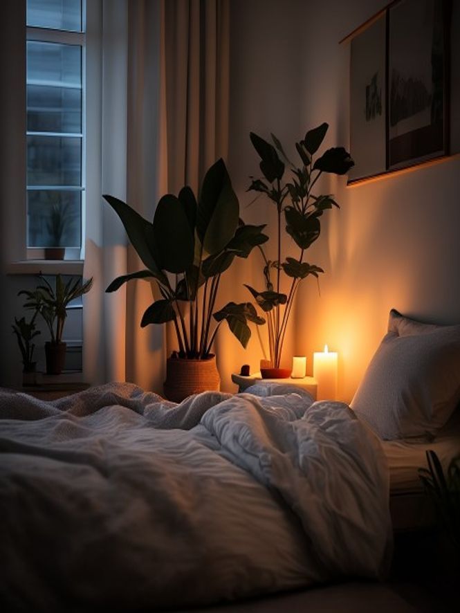 Minimalistisk sovrum med växtdekor och dämpad belysning